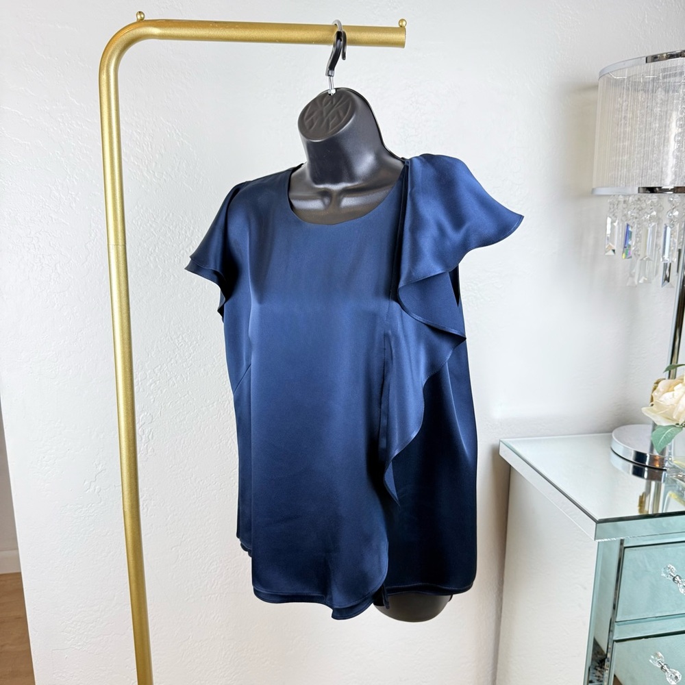 Zac Posen Navy Blue Satin Asymmetrical Ruffle Blouse Flutter Sleeve Size 8/10/12